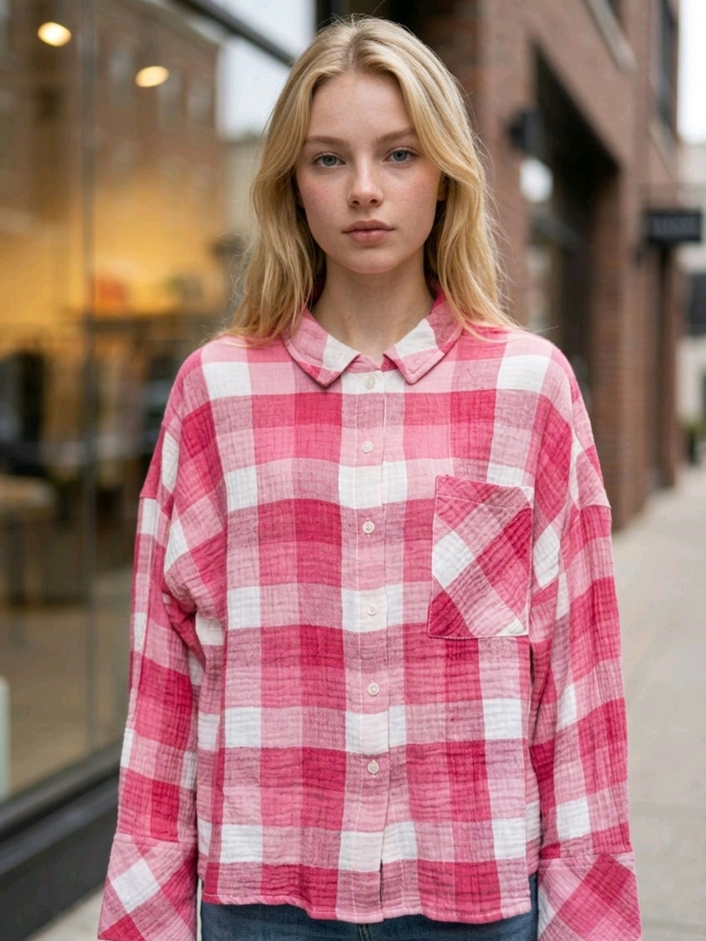 NWT Sanctuary Clothing Pink and White Checkered Plaid Boyfriend Shirt Sz S